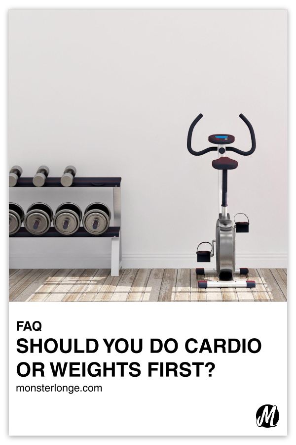 Should You Do Cardio Or Weights First? written in text with image of dumbbells on a rack and a stationary bike.