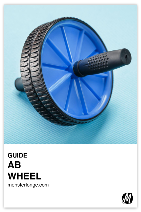 Ab Wheel written in text with image of a black and blue ab wheel against a blueish-green backdrop.