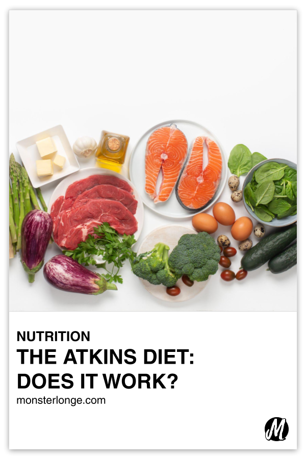The Atkins Diet: Does It Work? written in text with an overlay image of salmon, beef, broccoli, spinach, asparagus, eggs, and other foods associated with Atkins.