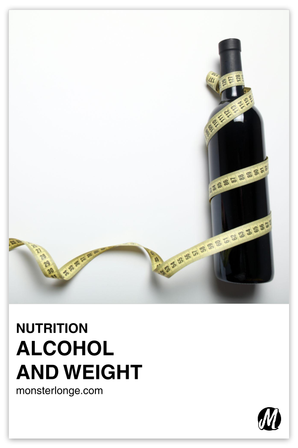 Alcohol And Weight written in text with image of a tape measure wrapped around a wine bottle.