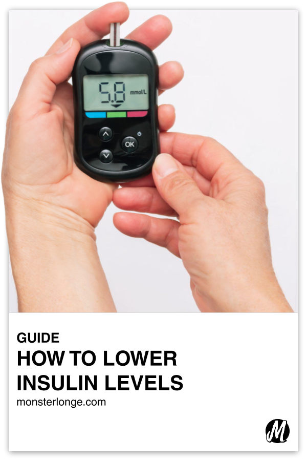 How To Lower Insulin Levels written in text with image of two hands holding a glucometer.