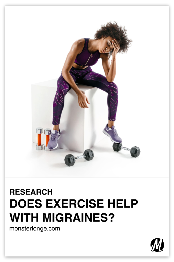 Does Exercise Help With Migraines? written in text with image of a woman sitting down on a block with her hand on her head and dumbbells on the ground by her.