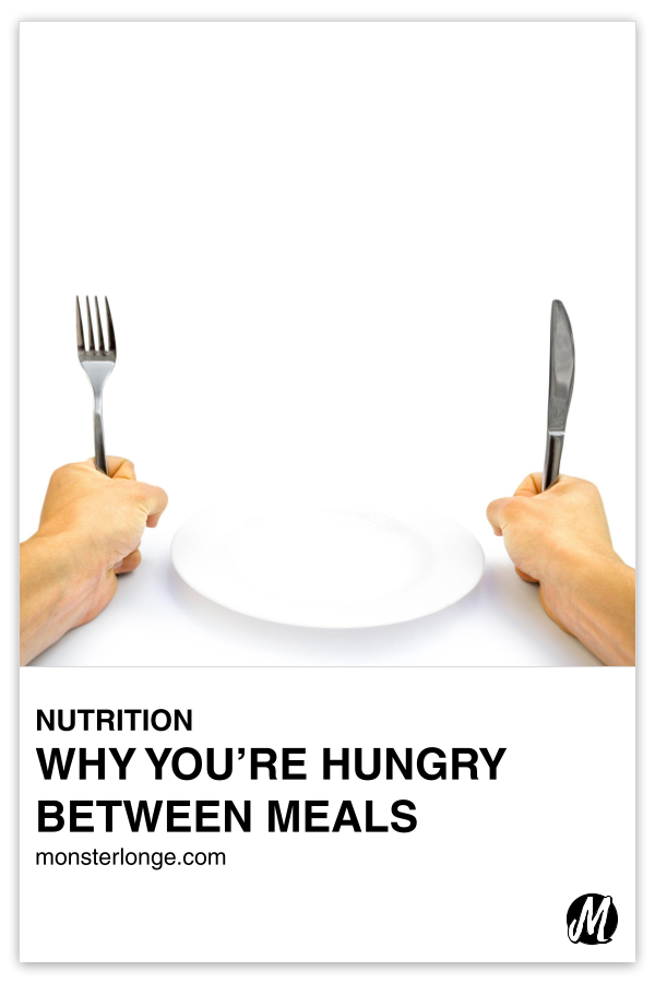 Why You're Hungry Between Meals written in text with image of an empty plate between hands holding a fork and knife on a table.