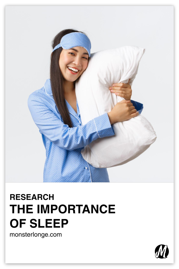 The Importance Of Sleep written in text with image of a smiling woman in pajamas and a sleeping mask hugging a pillow.