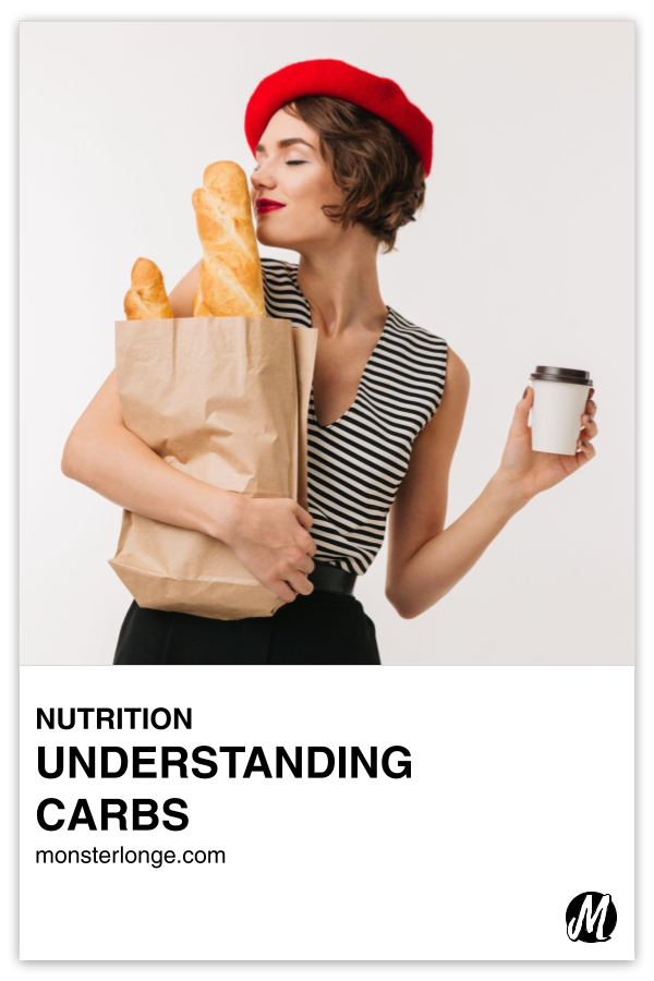 Understanding Carbs written in text with image of a woman holding a grocery bag full of bread and smelling them.
