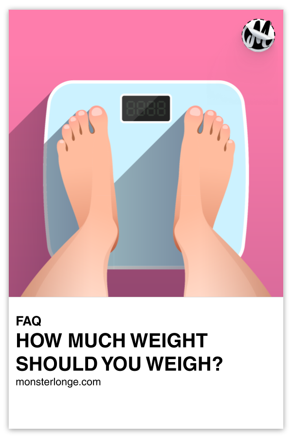How Much Should You Weigh? written in text with image of a pair of feet on a bathroom scale.