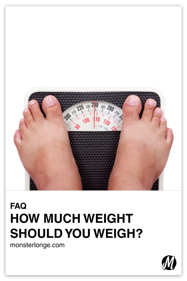 How Much Should You Weigh? written in text with image of a pair of feet on a bathroom scale.