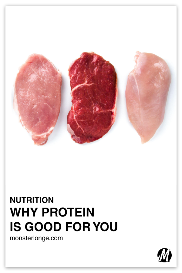 Why Protein Is Good For You written in text above an image of raw cuts of beef, pork, and chicken.