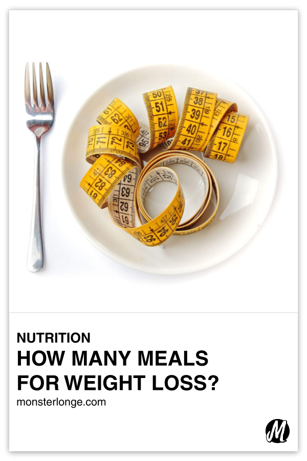 How Many Meals For Weight Loss? written in text with image of a fork beside a plate with a tape measure on it.