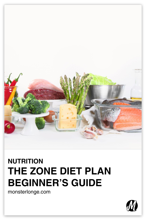 The Zone Diet Plan Beginner's Guide written in text with image of fish, meat, cheese, and other food associated with the Zone diet.