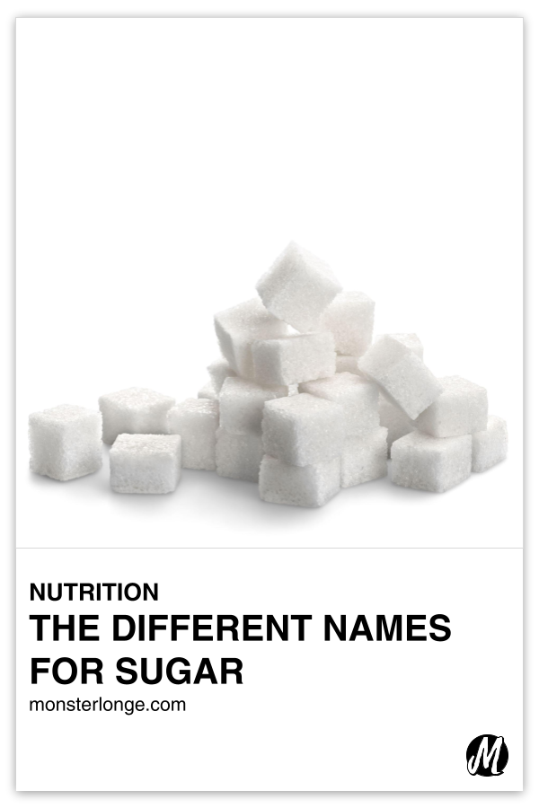 The Different Names For Sugar written in text with image of a pile of sugar cubes.