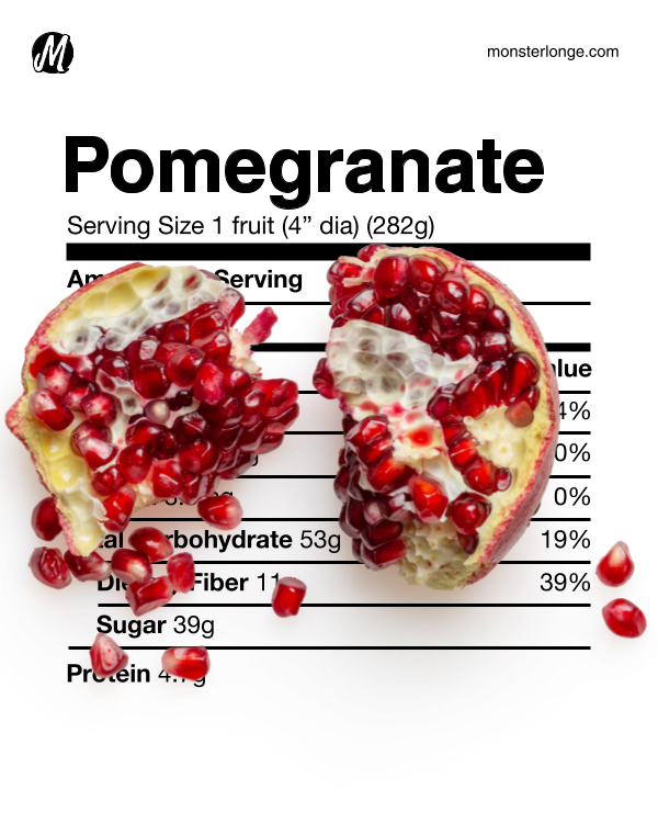 Image of pomegranate split in half and its nutritional values.