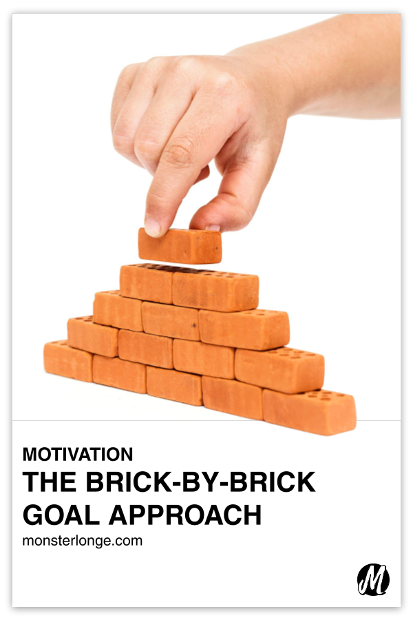 The Brick-By-Brick Goal Approach written in text with image of a brick in fingers of a hand over a pile of bricks.