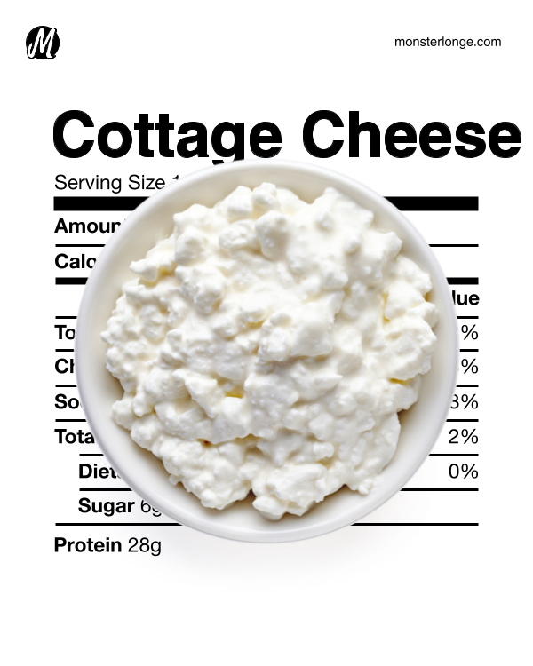 Image of a bowl of cottage cheese and its nutritional values.
