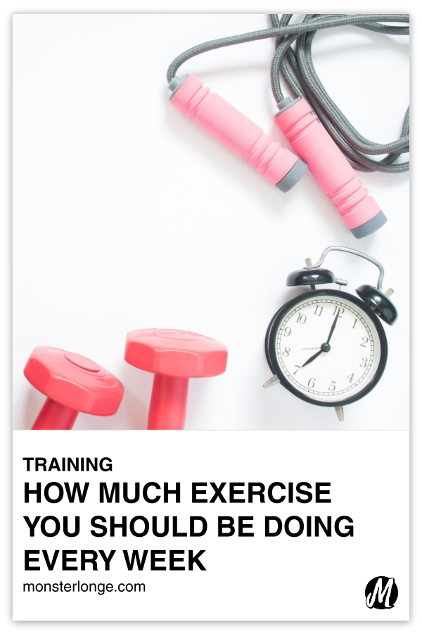How Much Exercise You Should Be Doing Every Week written in text with image of a jump rope, dumbbells, and alarm clock.