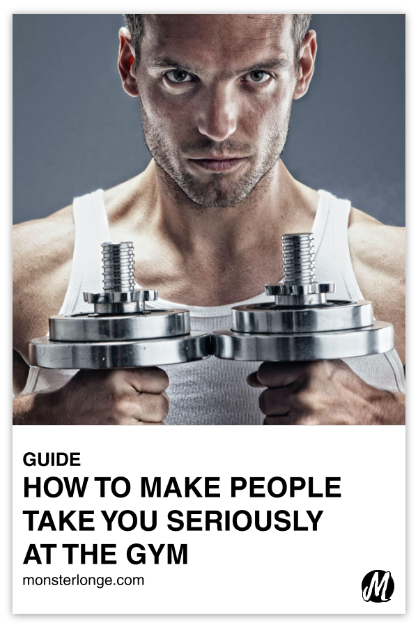 How To Make People Take You Seriously At The Gym written in text with image of a man's face and hands holding dumbbells.