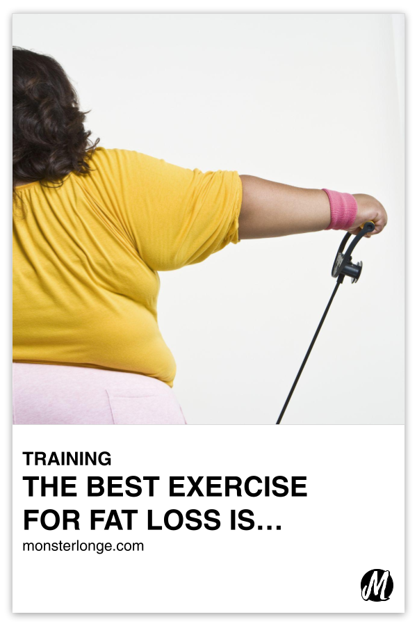 The Best Exercise For Fat Loss Is… written in text with image of an obese woman performing a lateral raise with a resistance band.
