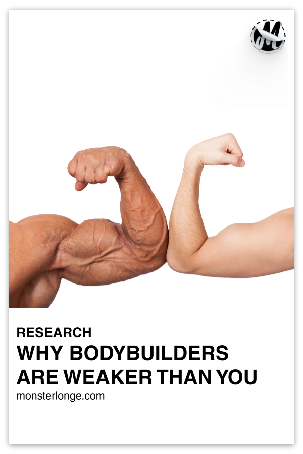 Why Bodybuilders Are Weaker Than You written in text with image of a bodybuilder's arm and a normal person's.