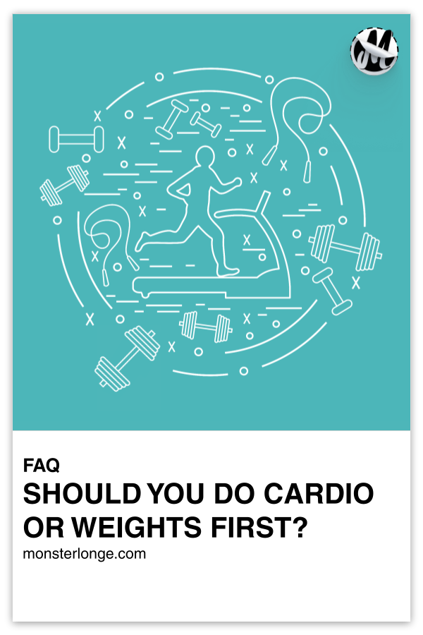 Should You Do Cardio Or Weights First? written in text with image of a man jogging on a treadmill and jump ropes and dumbbells arranged him in a circle.