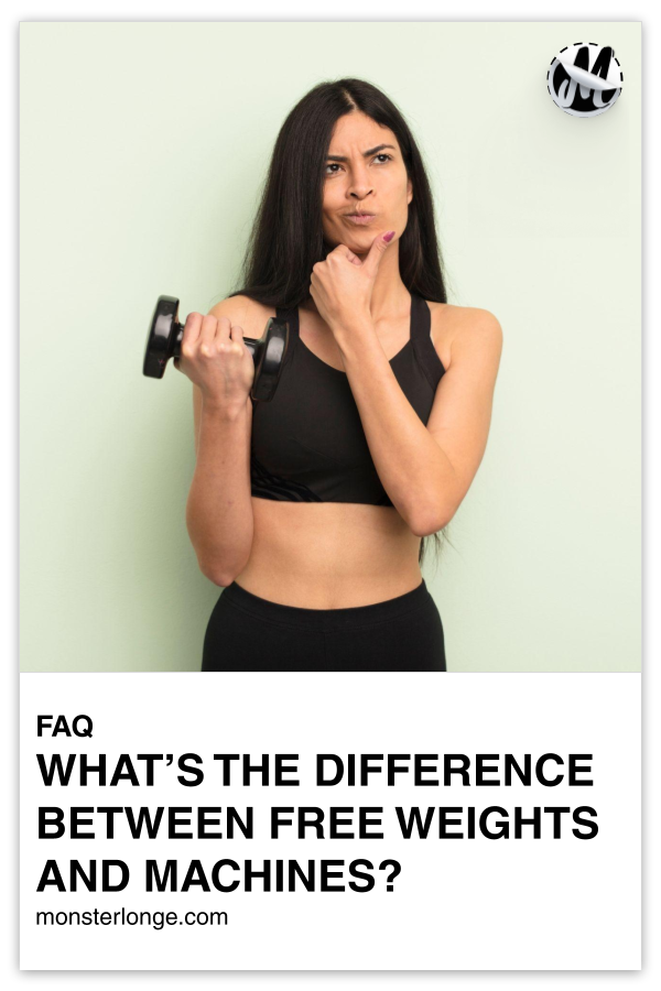 hat's The Difference Between Free Weights And Machines? written in text with image of a woman holding a dumbbell in one hand and the other hand on her chin as she has a puzzled look on her face.