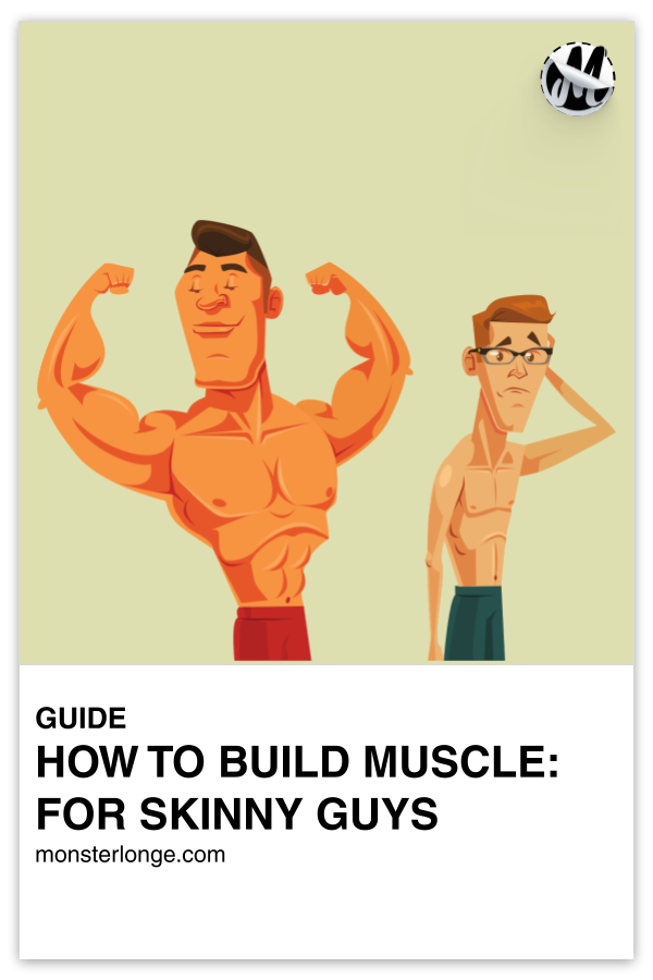How To Build Muscle: For Skinny Guys written in text with image of a smiling and shirtless man flexing his huge muscles while a skinny shirtless man frowns.