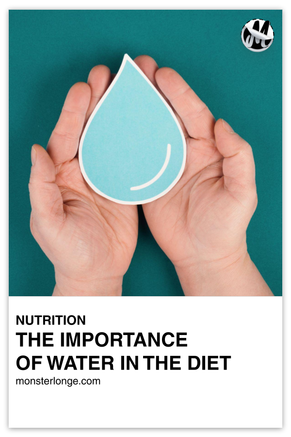 The Importance Of Water In The Diet written in text with image of a pair of palms holding a paper cutout of a water drop.