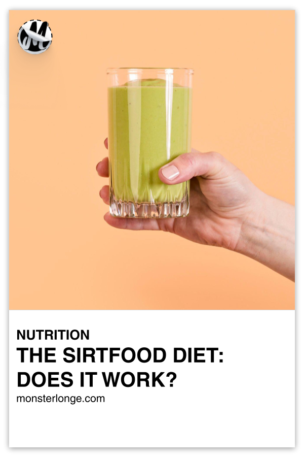 The Sirtfood Diet: Does It Work? written in text with image of a hand holding a green smoothie in a drinking glass.