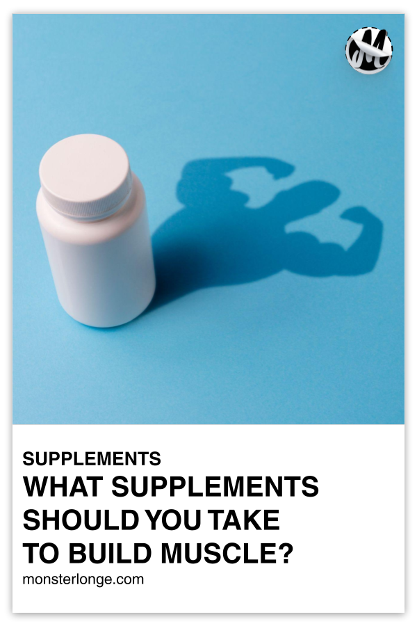 What Supplements Should You Take To Build Muscle? written in text with image of a supplement bottle casting the shadow of a bodybuilder.