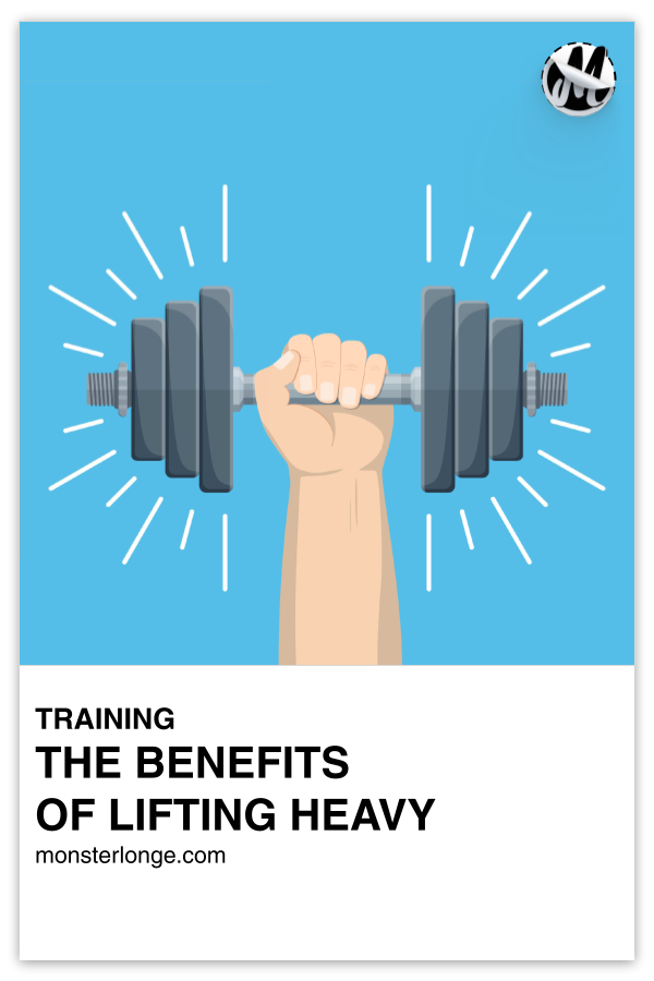 The Benefits Of Lifting Heavy written in text with image of a hand holding a dumbbell.