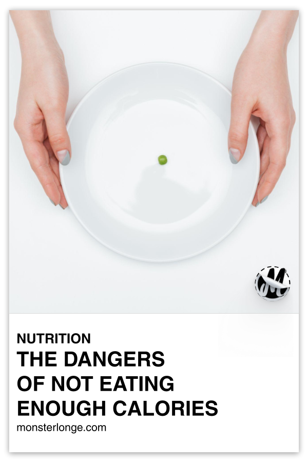 The Dangers Of Not Eating Enough Calories written in text with image of hands holding a plate with one pea on it.