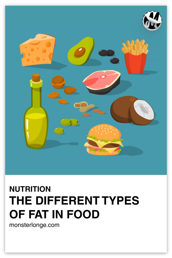 The Different Types Of Fat In Food written in text with image of an avocado, salmon, almonds, olive oil, and other foods.