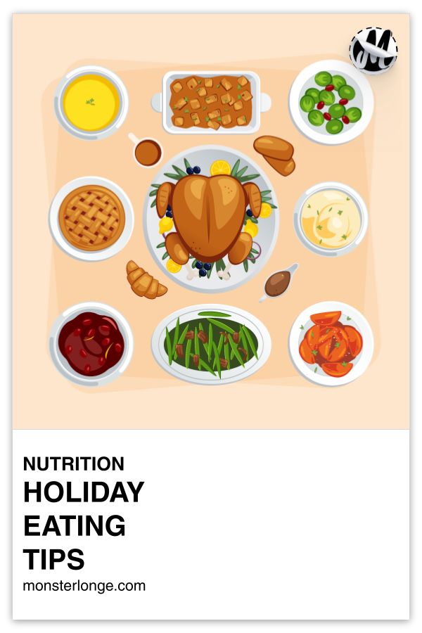 Holiday Eating Tips written in text with image of holiday food on a table.