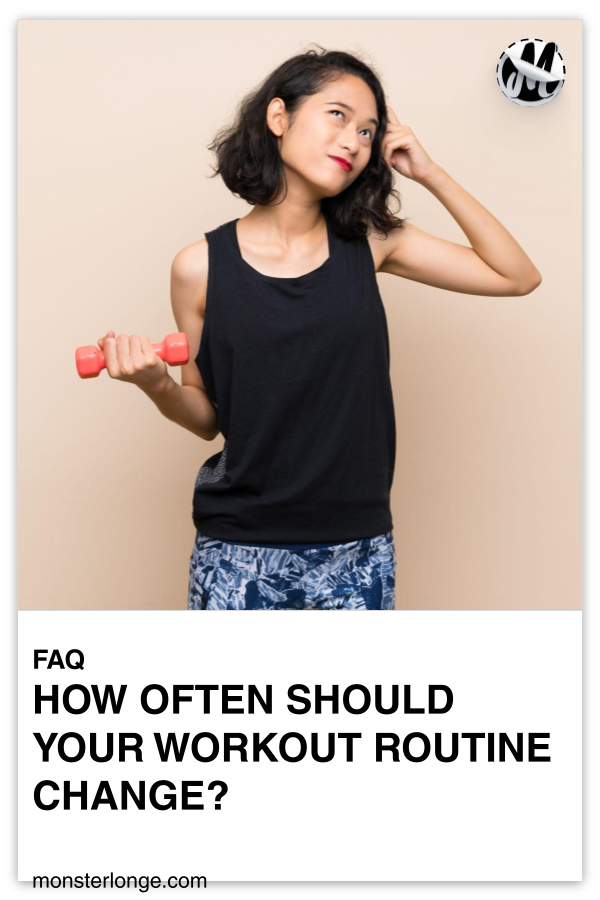 How Often Should A Workout Routine? written in text with image of a woman in workout clothes holding a dumbbell and scratching her head in confusion.