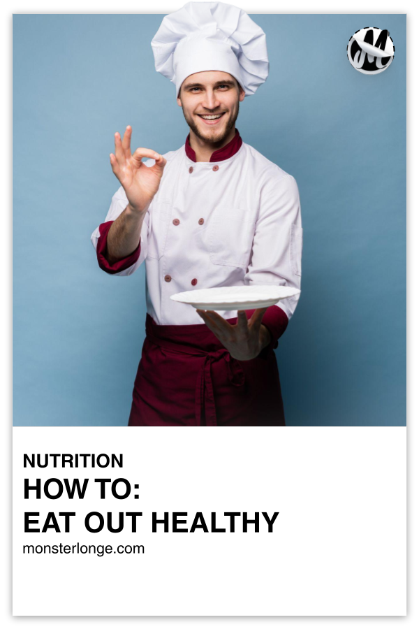 How To: Eat Out Healthy written in text with image of a chef holding a plate in one hand and giving the okay sign with the other.