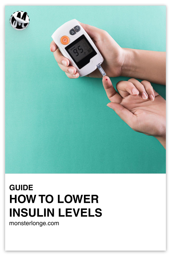 How To Lower Insulin Levels written in text with image of two hands holding a glucometer.