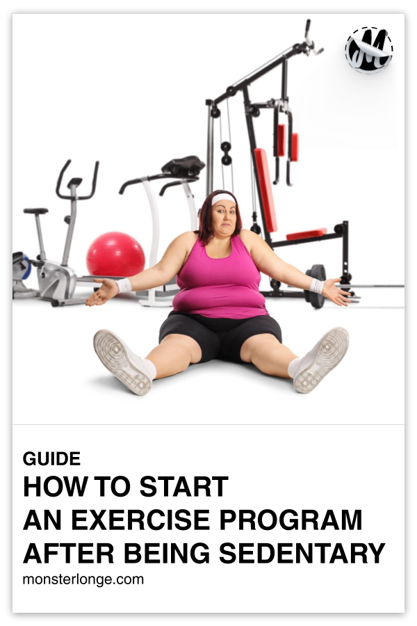 "How To Start An Exercise Program After Being Sedentary written in text with image of an overweight white female sitting on the ground and shrugging her shoulders in front of exercise equipment.