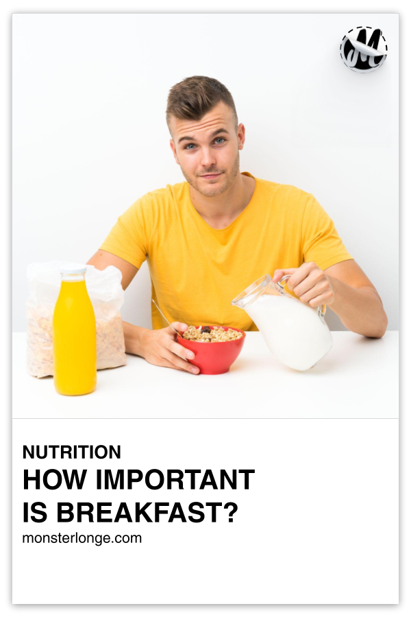 How Important Is Breakfast? written in text with image of a young man sitting at a table with milk, cereal, and orange juice in front of him.