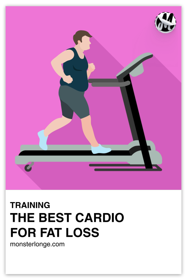 The Best Cardio For Fat Loss written in text with image of an overweight man on a treadmill.