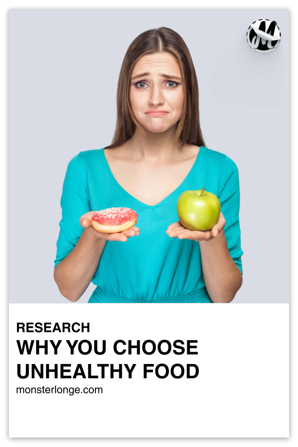 Why You Choose Unhealthy Food written in text with image of a frowning woman holding an apple in one palm and a donut in the other.