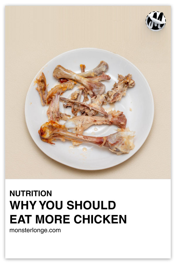 Why You Should Eat More Chicken written in text with image of a chicken bones on a plate.