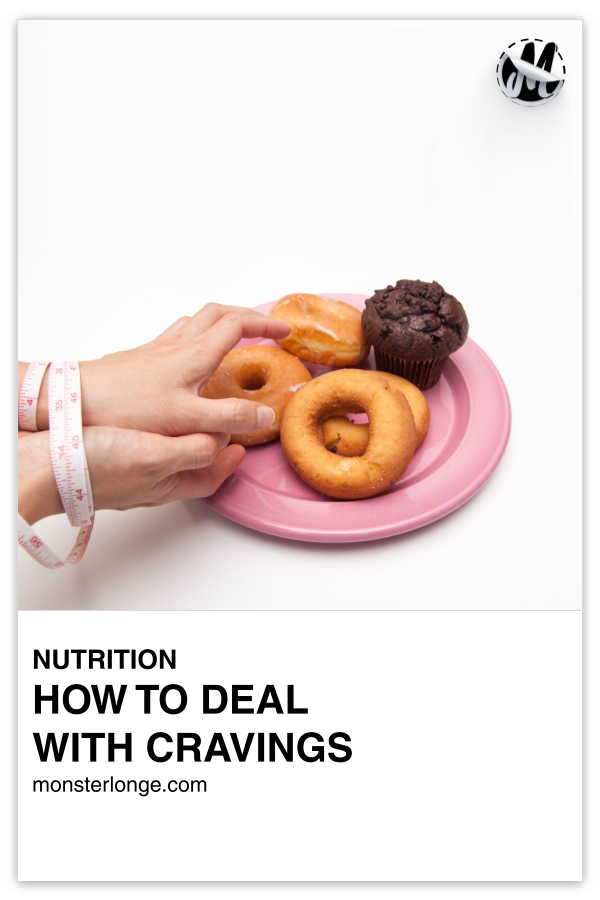 How To Control Cravings written in text with image of a pair of hands bound together by tape measure reaching for a plate of donuts.