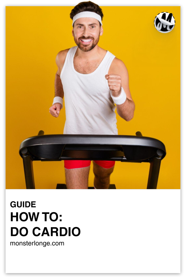 How To: Do Cardio written in text with image of a happy man running on a treadmill.