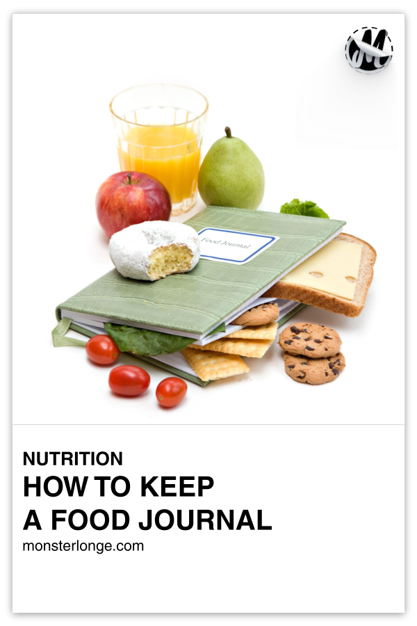 How To Keep A Food Journal written in text with a notebook surrounded by several items of food.