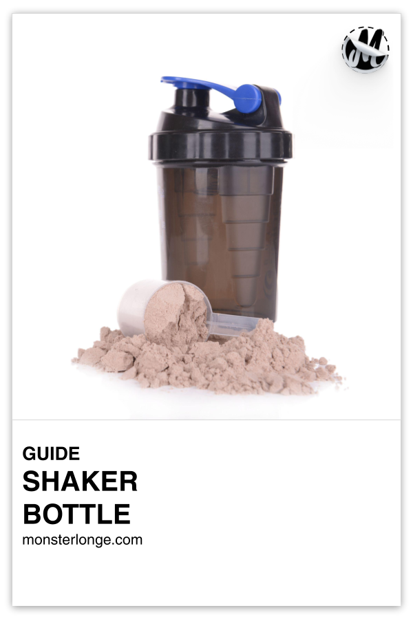 Shaker Bottle written in text with image of a shaker bottle behind a mound of protein powder and scooper.