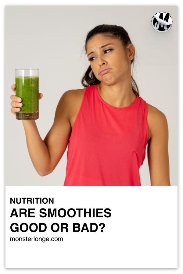 Are Smoothies Good Or Bad? written in text with a woman holding a green smoothie in a glass and looking at it with a puzzled look on her face.