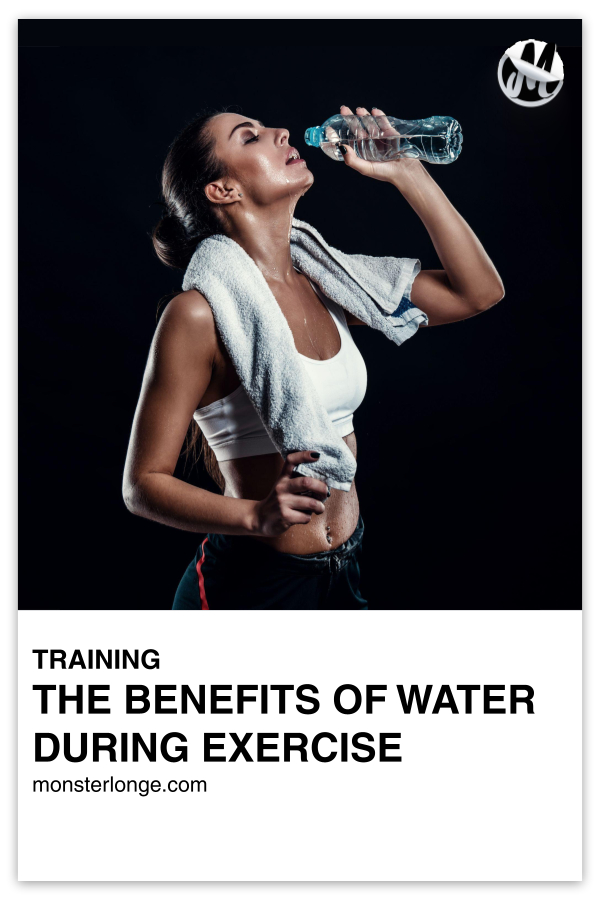 The Benefits Of Water During Exercise written in text with image of a sweaty woman in workout clothes and a towel over her shoulder drinking from a water bottle.