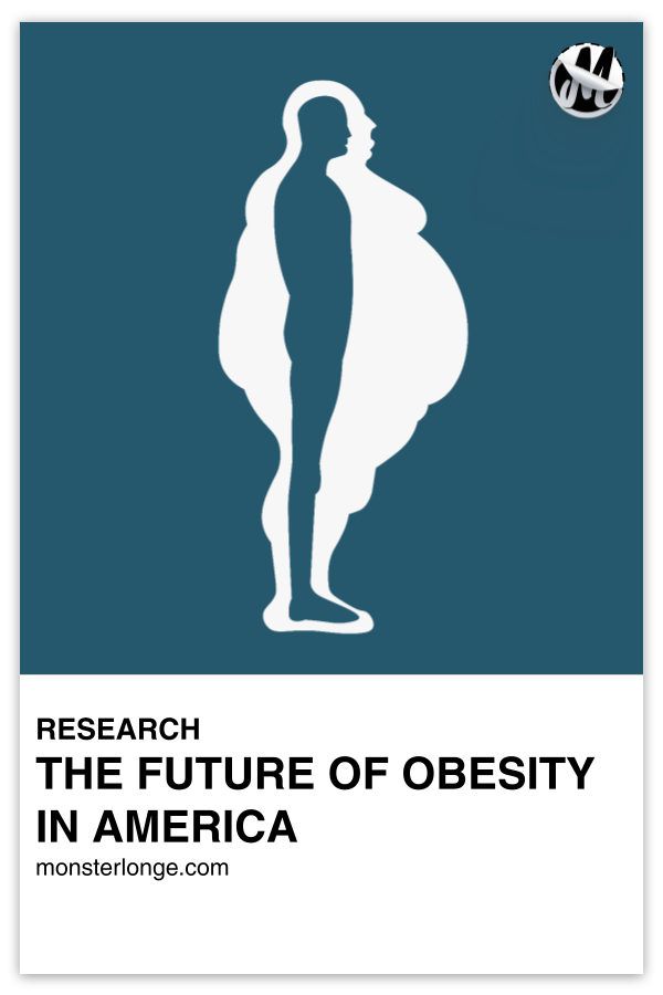 The Future Of Obesity In America written in text with side profile silhouette of a skinny man inside the body of an obese man.