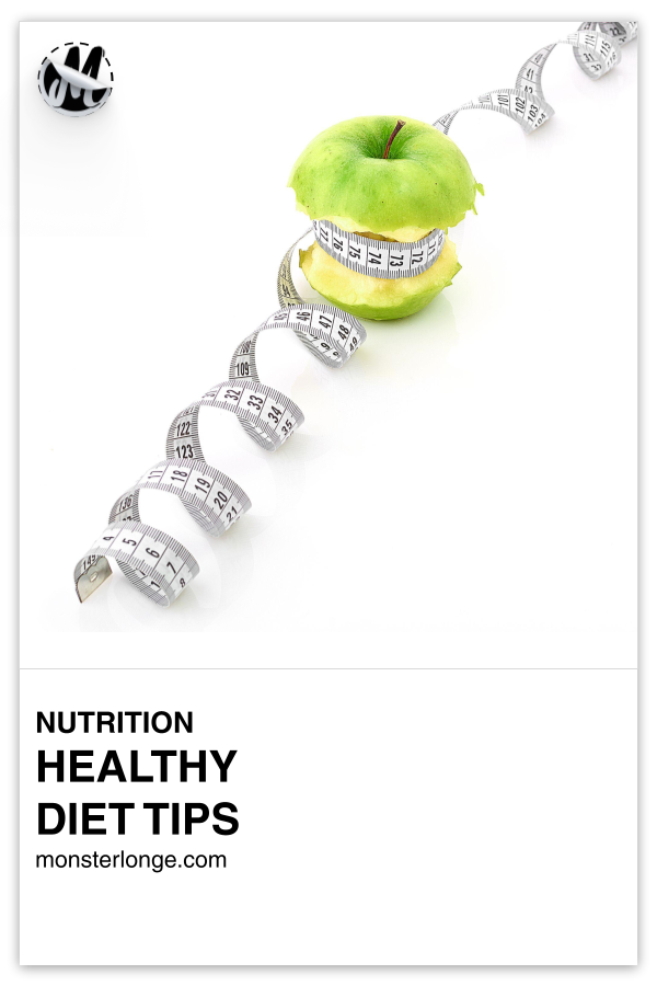 Healthy Diet Tips written in text with image of measuring tape wrapped around an eaten apple.