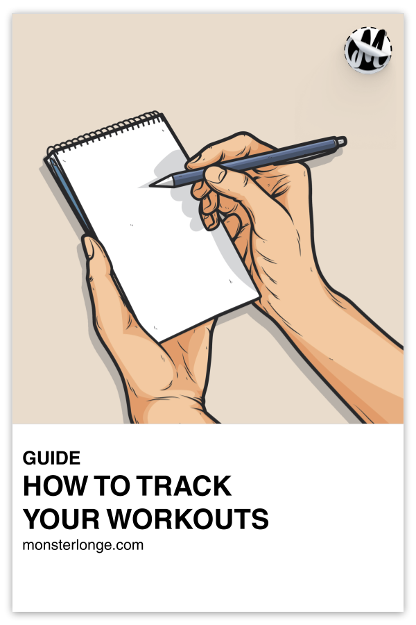 How To Track Your Workouts written in text with cartoon image of hand holding a pen and writing on a notepad.