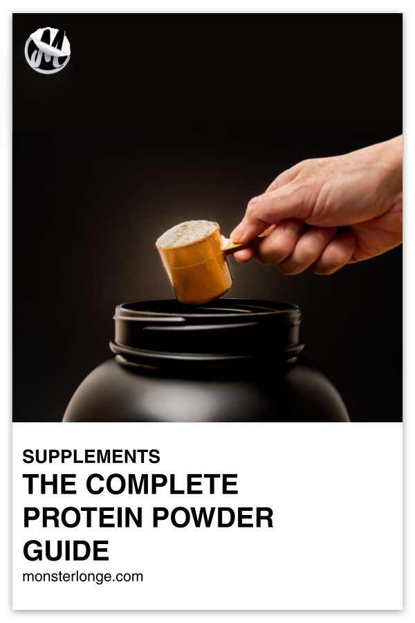 The Complete Protein Powder Guide written in text with image of a hand with a scooper full of protein powder above a protein powder tub.